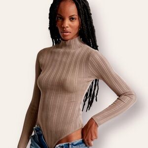 Abercrombie & Fitch Turtleneck Sweater Bodysuit Mock Neck Ribbed Taupe XL Knit